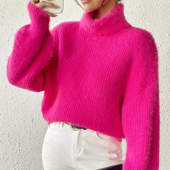 Hot Pink Casual Women's Turtleneck Drop Shoulder Fuzzy Sweater - Picture 1 of 6